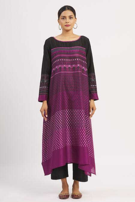 Shop_Krishna Mehta_Purple Chanderi Geometric Boat Asymmetric Printed Tunic _Online_at_Aza_Fashions