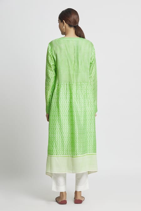 Shop_Krishna Mehta_Green Chanderi Printed Geometric Round Tunic  _at_Aza_Fashions