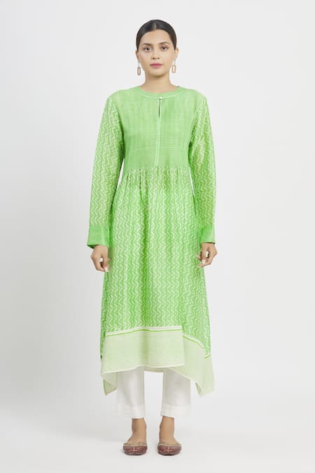 Buy_Krishna Mehta_Green Chanderi Printed Geometric Round Tunic  _Online_at_Aza_Fashions