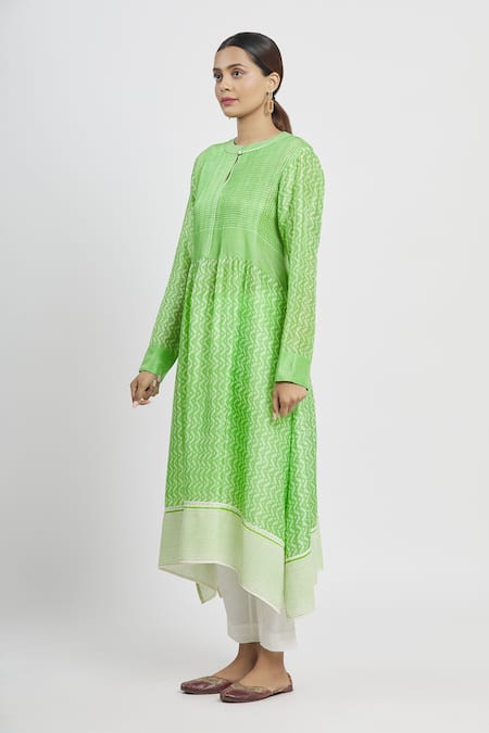 Shop_Krishna Mehta_Green Chanderi Printed Geometric Round Tunic  _Online_at_Aza_Fashions