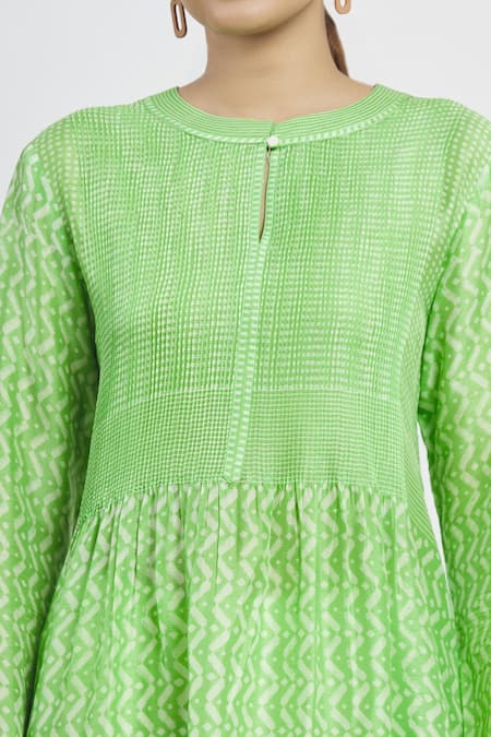 Krishna Mehta_Green Chanderi Printed Geometric Round Tunic  _at_Aza_Fashions