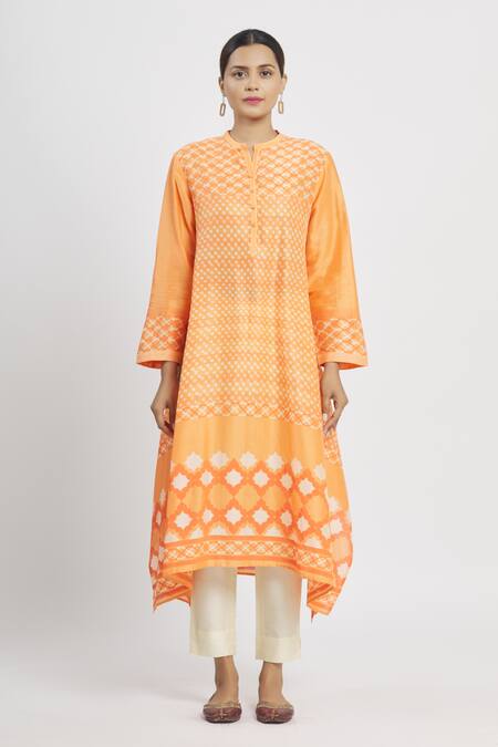 Buy Krishna Mehta Orange Chanderi Printed Geometric Mandarin Collar Tunic Online at Aza Fashions Buy_Krishna Mehta_Orange Chanderi Printed Geometric Mandarin Collar Tunic _Online_at_Aza_Fashions