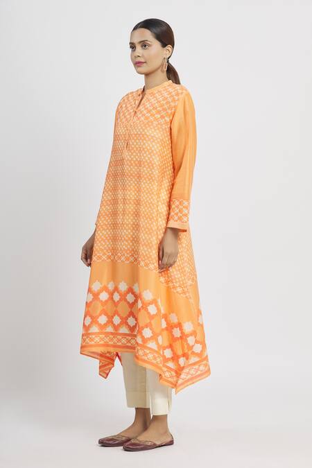 Shop Krishna Mehta Orange Chanderi Printed Geometric Mandarin Collar Tunic Online at Aza Fashions Shop_Krishna Mehta_Orange Chanderi Printed Geometric Mandarin Collar Tunic _Online_at_Aza_Fashions