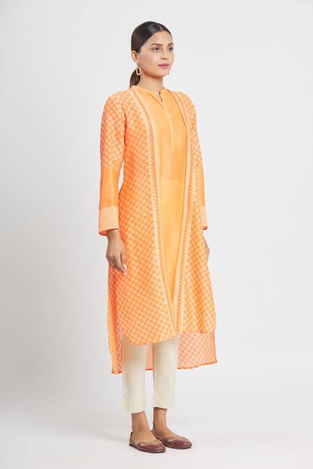 Krishna Mehta Orange Chanderi Printed Geometric Mandarin Collar Tunic Online at Aza Fashions Krishna Mehta_Orange Chanderi Printed Geometric Mandarin Collar Tunic _Online_at_Aza_Fashions