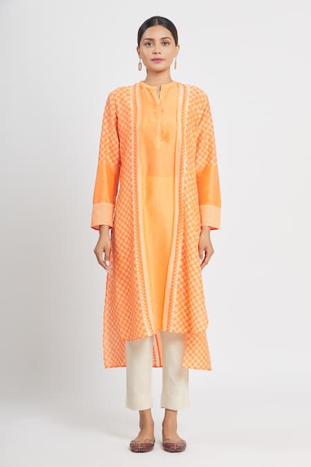 Buy Krishna Mehta Orange Chanderi Printed Geometric Mandarin Collar Tunic Online at Aza Fashions Buy_Krishna Mehta_Orange Chanderi Printed Geometric Mandarin Collar Tunic _Online_at_Aza_Fashions