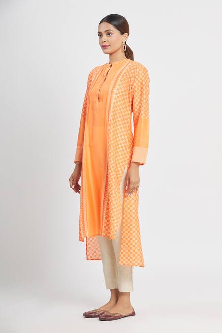 Shop Krishna Mehta Orange Chanderi Printed Geometric Mandarin Collar Tunic Online at Aza Fashions Shop_Krishna Mehta_Orange Chanderi Printed Geometric Mandarin Collar Tunic _Online_at_Aza_Fashions