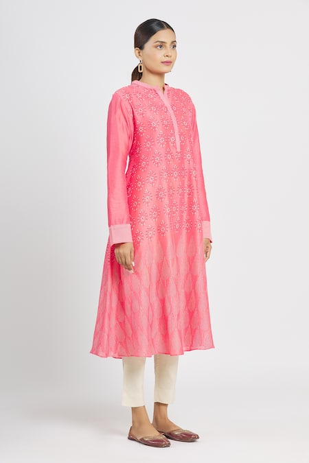 Krishna Mehta_Pink Chanderi Geometric Mandarin Collar Floral Print Tunic_Online_at_Aza_Fashions