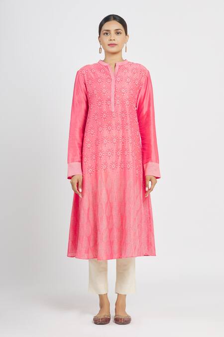 Buy_Krishna Mehta_Pink Chanderi Geometric Mandarin Collar Floral Print Tunic_Online_at_Aza_Fashions