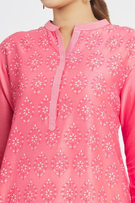 Krishna Mehta_Pink Chanderi Geometric Mandarin Collar Floral Print Tunic_at_Aza_Fashions