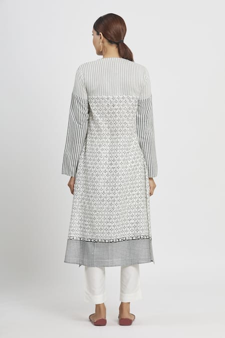 Shop_Krishna Mehta_White Chanderi Printed Geometric Round Floral Tunic  _at_Aza_Fashions
