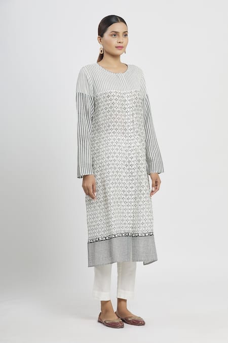 Krishna Mehta_White Chanderi Printed Geometric Round Floral Tunic  _Online_at_Aza_Fashions