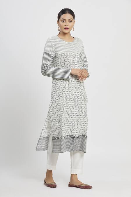 Buy_Krishna Mehta_White Chanderi Printed Geometric Round Floral Tunic  _Online_at_Aza_Fashions