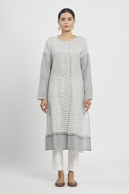 Shop_Krishna Mehta_White Chanderi Printed Geometric Round Floral Tunic  _Online_at_Aza_Fashions