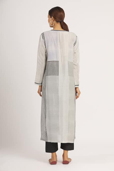 Shop_Krishna Mehta_White Chanderi Printed Striped Round Tunic  _at_Aza_Fashions