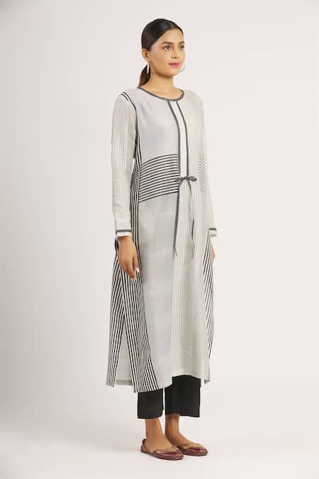 Krishna Mehta_White Chanderi Printed Striped Round Tunic  _Online_at_Aza_Fashions