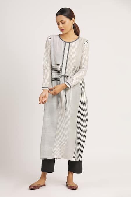 Buy_Krishna Mehta_White Chanderi Printed Striped Round Tunic  _Online_at_Aza_Fashions
