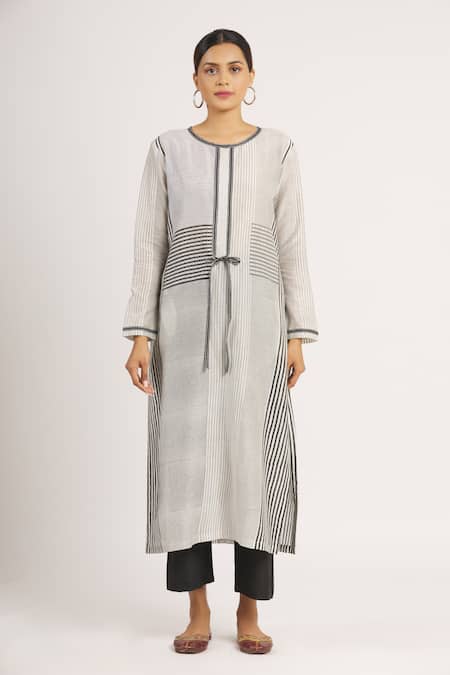 Shop_Krishna Mehta_White Chanderi Printed Striped Round Tunic  _Online_at_Aza_Fashions