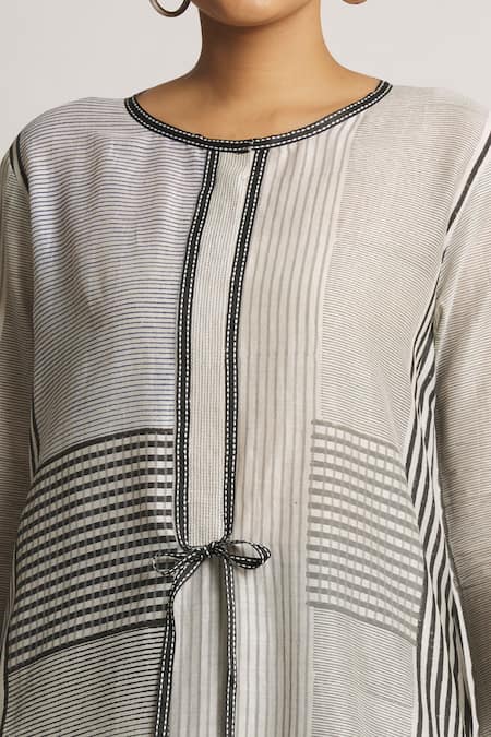 Krishna Mehta_White Chanderi Printed Striped Round Tunic  _at_Aza_Fashions