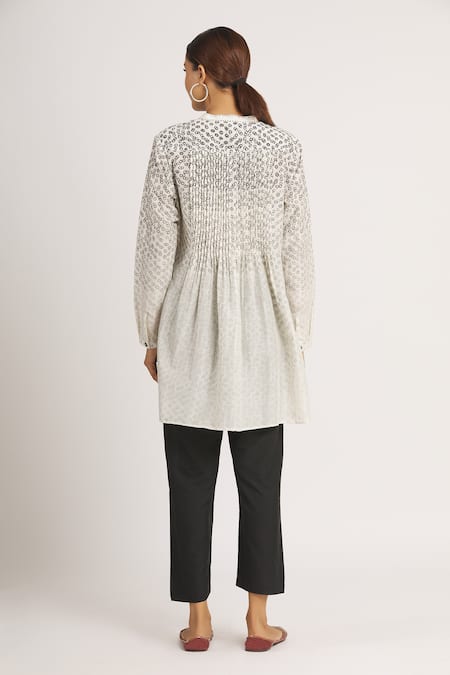 Shop_Krishna Mehta_White Chanderi Printed Geometric Mandarin Collar Short Tunic  _at_Aza_Fashions