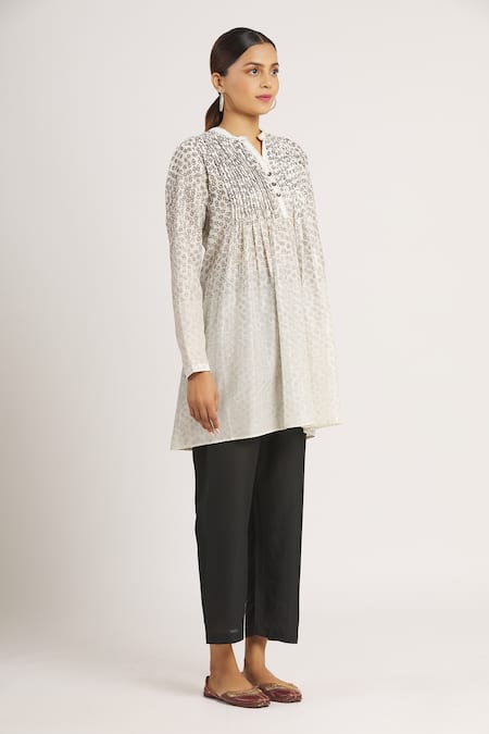Krishna Mehta_White Chanderi Printed Geometric Mandarin Collar Short Tunic  _Online_at_Aza_Fashions