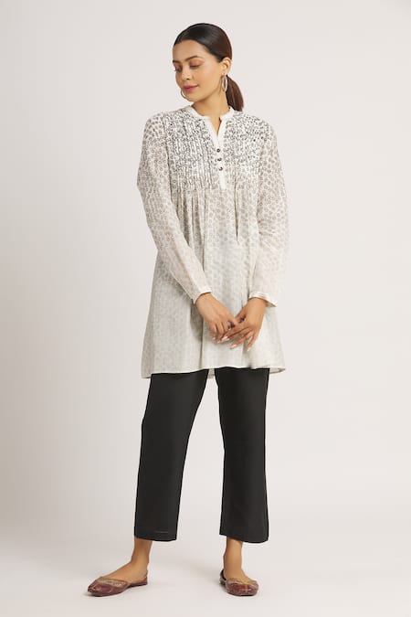 Buy_Krishna Mehta_White Chanderi Printed Geometric Mandarin Collar Short Tunic  _Online_at_Aza_Fashions