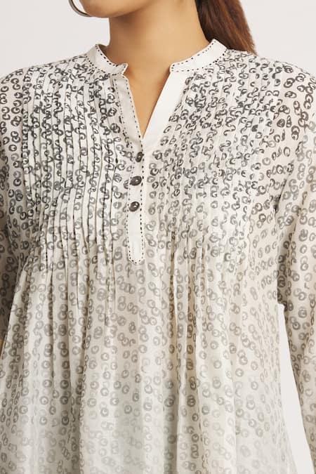 Krishna Mehta_White Chanderi Printed Geometric Mandarin Collar Short Tunic  _at_Aza_Fashions