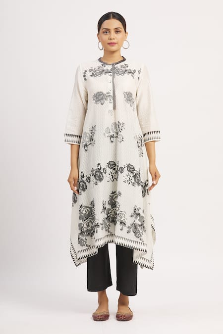 Krishna Mehta_White Chanderi Printed Zig Zag Round Tunic  _Online_at_Aza_Fashions