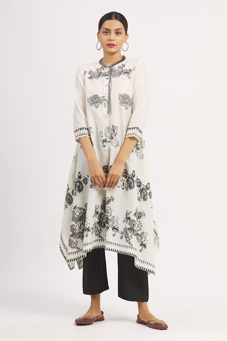 Buy_Krishna Mehta_White Chanderi Printed Zig Zag Round Tunic  _Online_at_Aza_Fashions