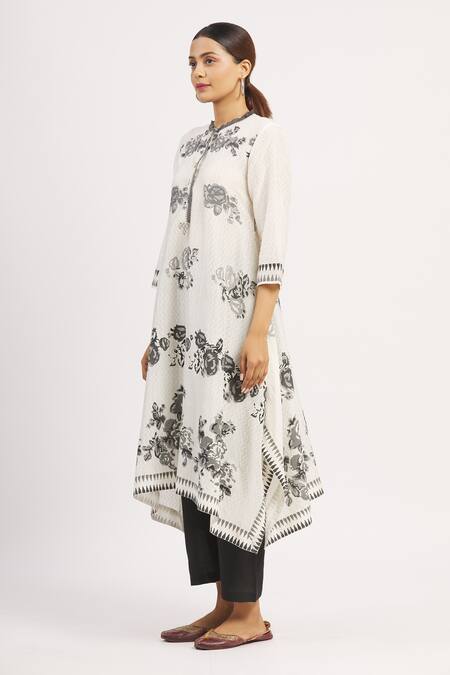 Shop_Krishna Mehta_White Chanderi Printed Zig Zag Round Tunic  _Online_at_Aza_Fashions