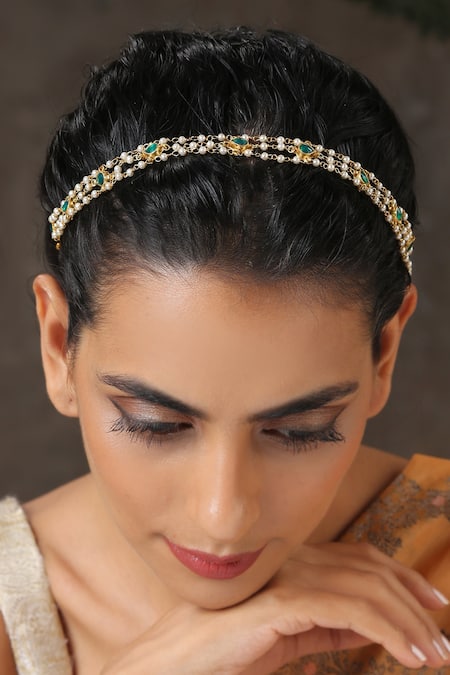 Paisley Pop_Gold Kundan Multi Layered Studded Hairband _Online_at_Aza_Fashions