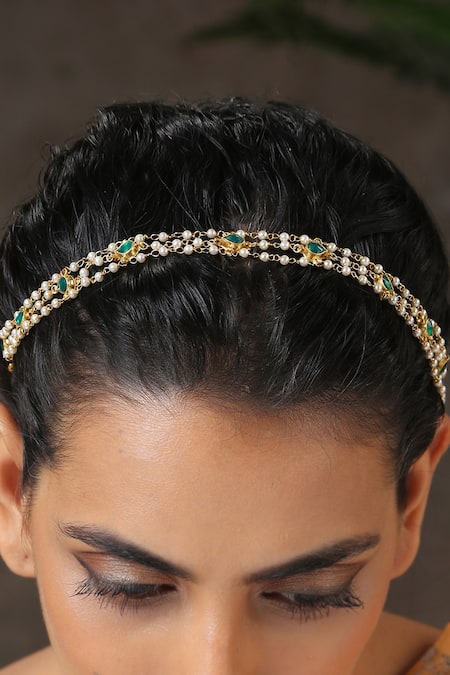 Buy_Paisley Pop_Gold Kundan Multi Layered Studded Hairband _Online_at_Aza_Fashions