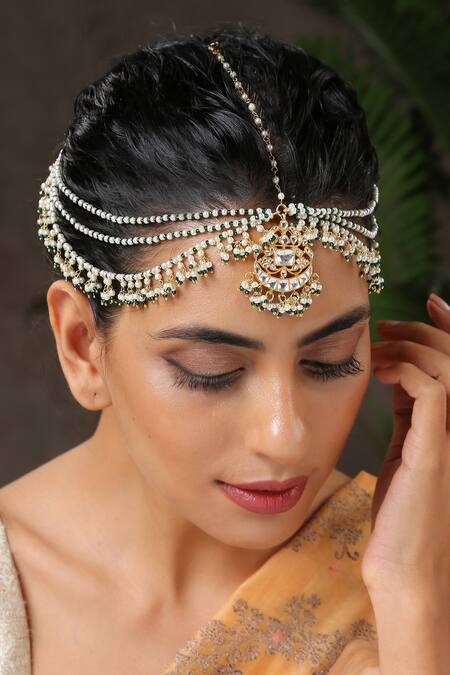 Paisley Pop_Gold Plated Kundan Multi Layered Mathapatti_Online_at_Aza_Fashions