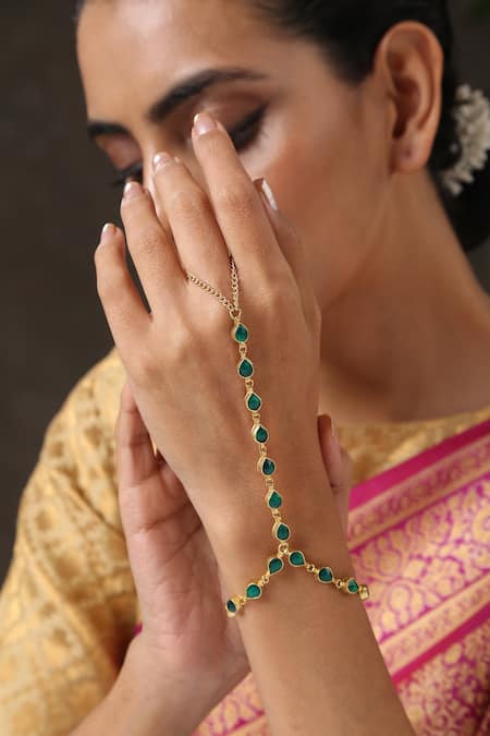 Paisley Pop Gold Plated Stones Teardrop Motif Kundan Hathphool Online at Aza Fashions Paisley Pop_Gold Plated Stones Teardrop Motif Kundan Hathphool _Online_at_Aza_Fashions