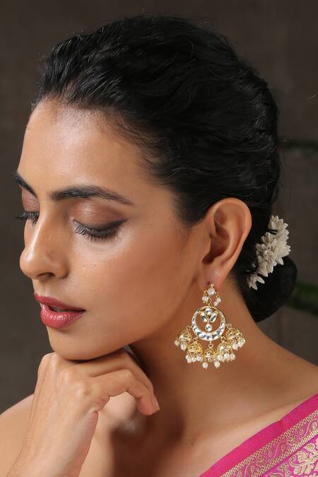 Paisley Pop_Gold Plated Pearl Kundan Chandbali Earrings _Online_at_Aza_Fashions