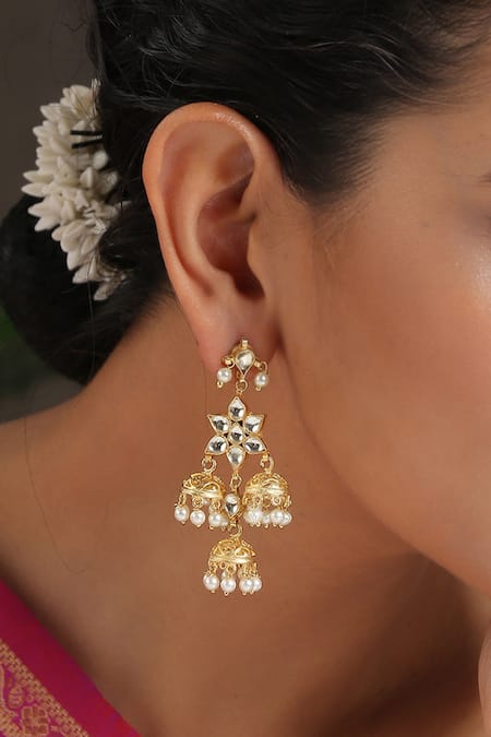 Paisley Pop_Gold Plated Pearl Kundan Drop Earrings _Online_at_Aza_Fashions
