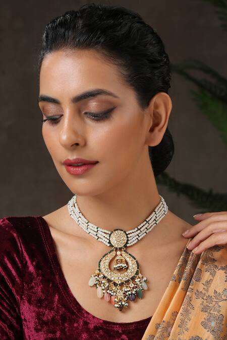 Paisley Pop_Gold Plated Kundan Stone Drop Pendant Necklace_Online_at_Aza_Fashions