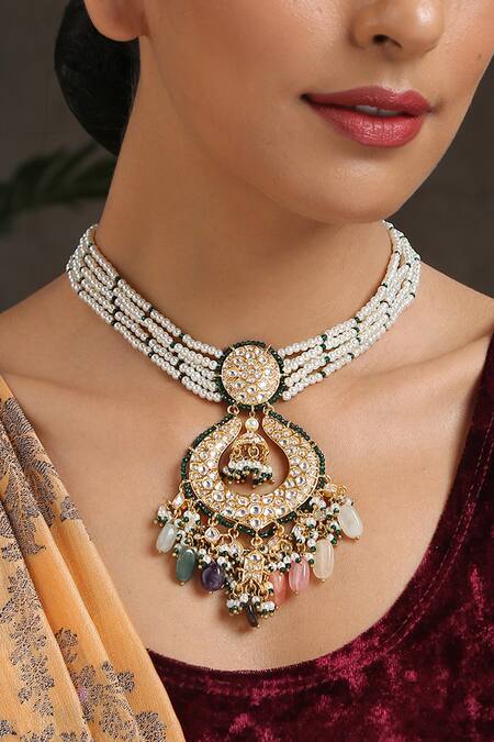 Buy_Paisley Pop_Gold Plated Kundan Stone Drop Pendant Necklace_Online_at_Aza_Fashions