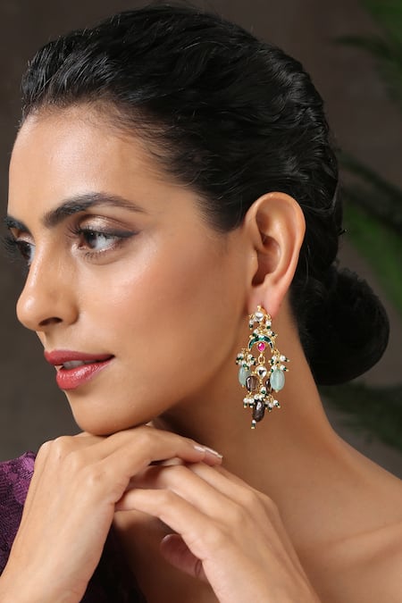 Paisley Pop_Gold Plated Kundan Stone Drop Danglers _Online_at_Aza_Fashions