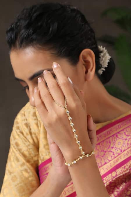 Paisley Pop_Gold Plated Diamonds, Crystals Handcrafted Kundan Hathphool _Online_at_Aza_Fashions