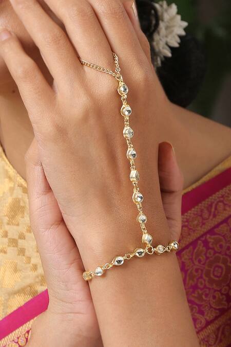 Buy_Paisley Pop_Gold Plated Diamonds, Crystals Handcrafted Kundan Hathphool _Online_at_Aza_Fashions