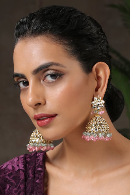 Buy Pink Gold Tone Pachi Kundan Earrings Online at Jayporecom