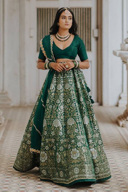 Buy_Anjana Bohra_Green Raw Silk, Organza, Banarasi Zari Work V Neck Floral Lehenga Set_Online_at_Aza_Fashions