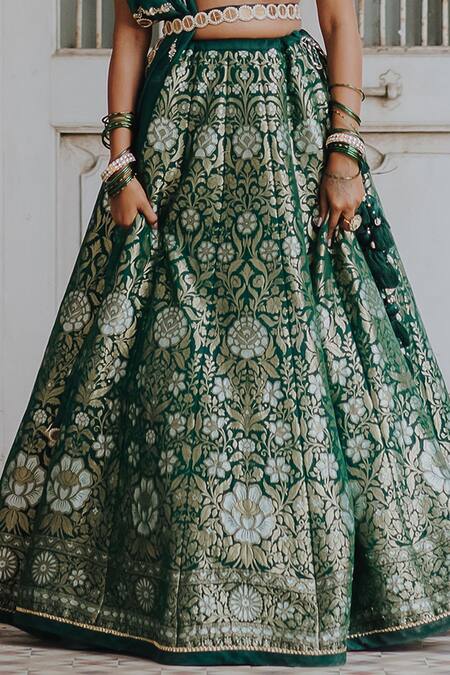Shop_Anjana Bohra_Green Raw Silk, Organza, Banarasi Zari Work V Neck Floral Lehenga Set_Online_at_Aza_Fashions