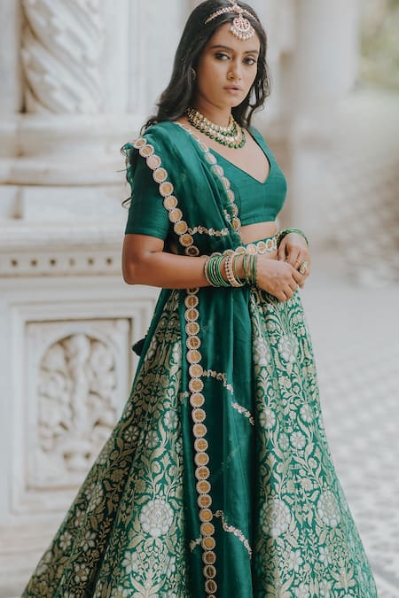 Anjana Bohra_Green Raw Silk, Organza, Banarasi Zari Work V Neck Floral Lehenga Set_at_Aza_Fashions