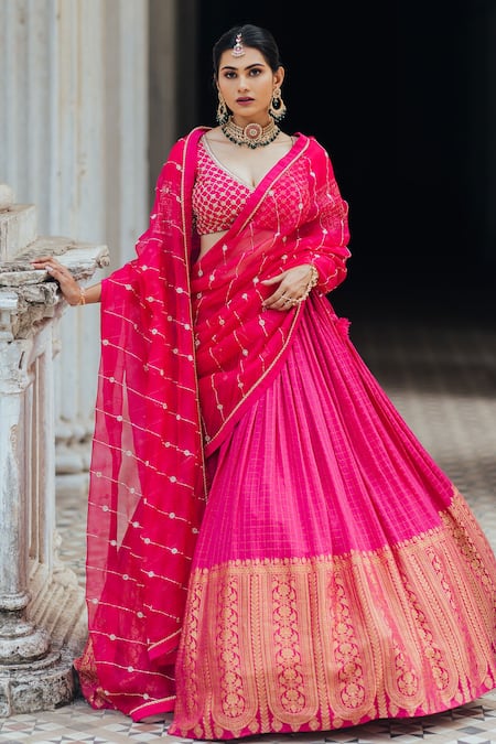 Anjana Bohra Pink Banarasi Embroidered Zardozi Work V Neck Bridal Lehenga Set  