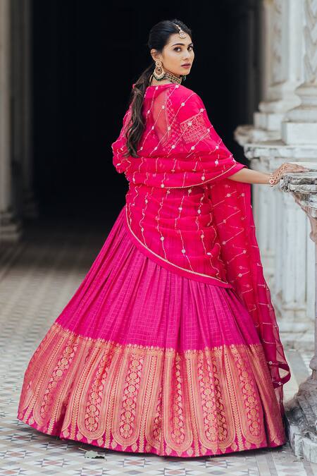 Shop_Anjana Bohra_Pink Raw Silk, Organza, Banarasi Zardozi Work V Embroidered Bridal Lehenga Set_at_Aza_Fashions