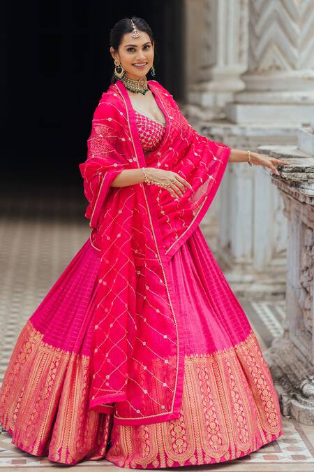 Anjana Bohra_Pink Raw Silk, Organza, Banarasi Zardozi Work V Embroidered Bridal Lehenga Set_Online_at_Aza_Fashions