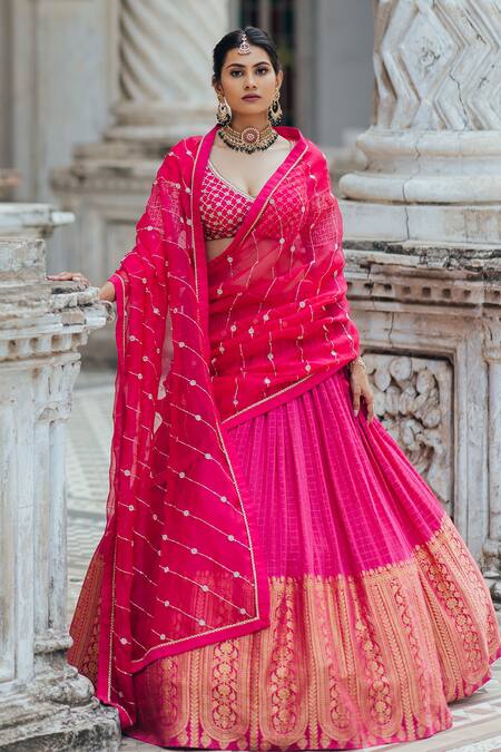 Buy_Anjana Bohra_Pink Raw Silk, Organza, Banarasi Zardozi Work V Embroidered Bridal Lehenga Set_Online_at_Aza_Fashions