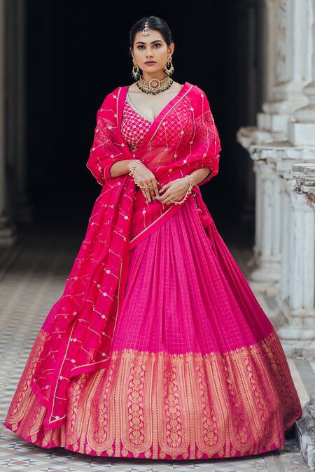 Shop_Anjana Bohra_Pink Raw Silk, Organza, Banarasi Zardozi Work V Embroidered Bridal Lehenga Set_Online_at_Aza_Fashions