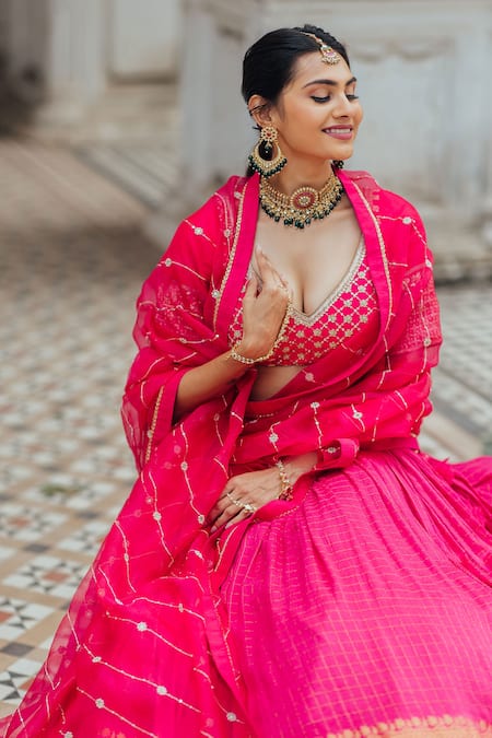 Anjana Bohra_Pink Raw Silk, Organza, Banarasi Zardozi Work V Embroidered Bridal Lehenga Set_at_Aza_Fashions